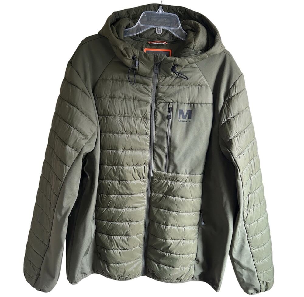 Merrell Men XXL Mixed Media Hooded Puffer Softshell Jacket Olive Green Gorpcore